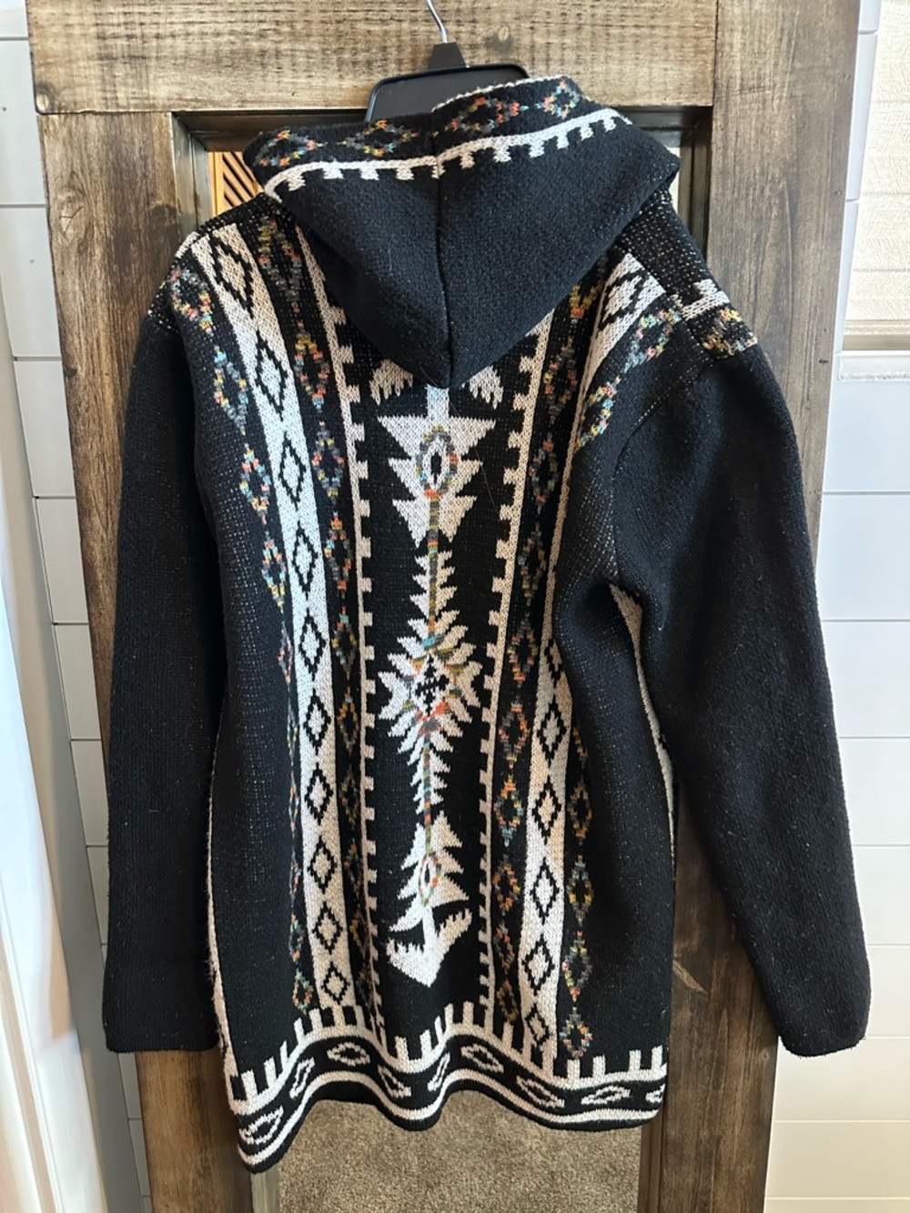 Aztec Southwest Cardigan Sweater Hooded Open Front Boho Western L/XL - Picture 3 of 6